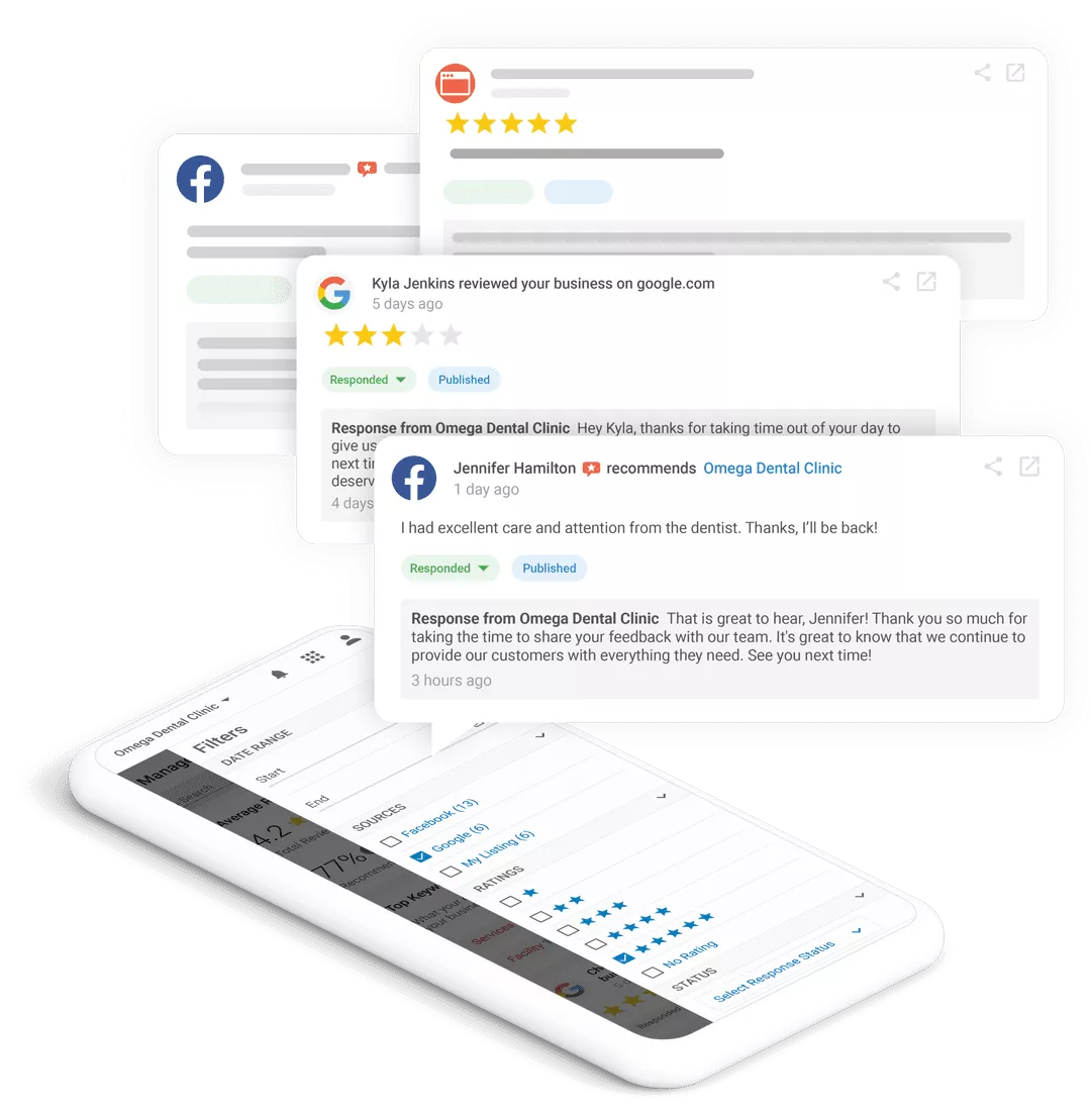 AI-powered response platform interface showing automated review management and customer service tools